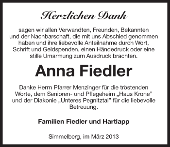 Traueranzeige von Anna Fiedler von Pegnitz-Zeitung